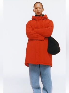 Zara Men’s Full Zip Jacket WorkWear Red Size XL Hooded Puffer